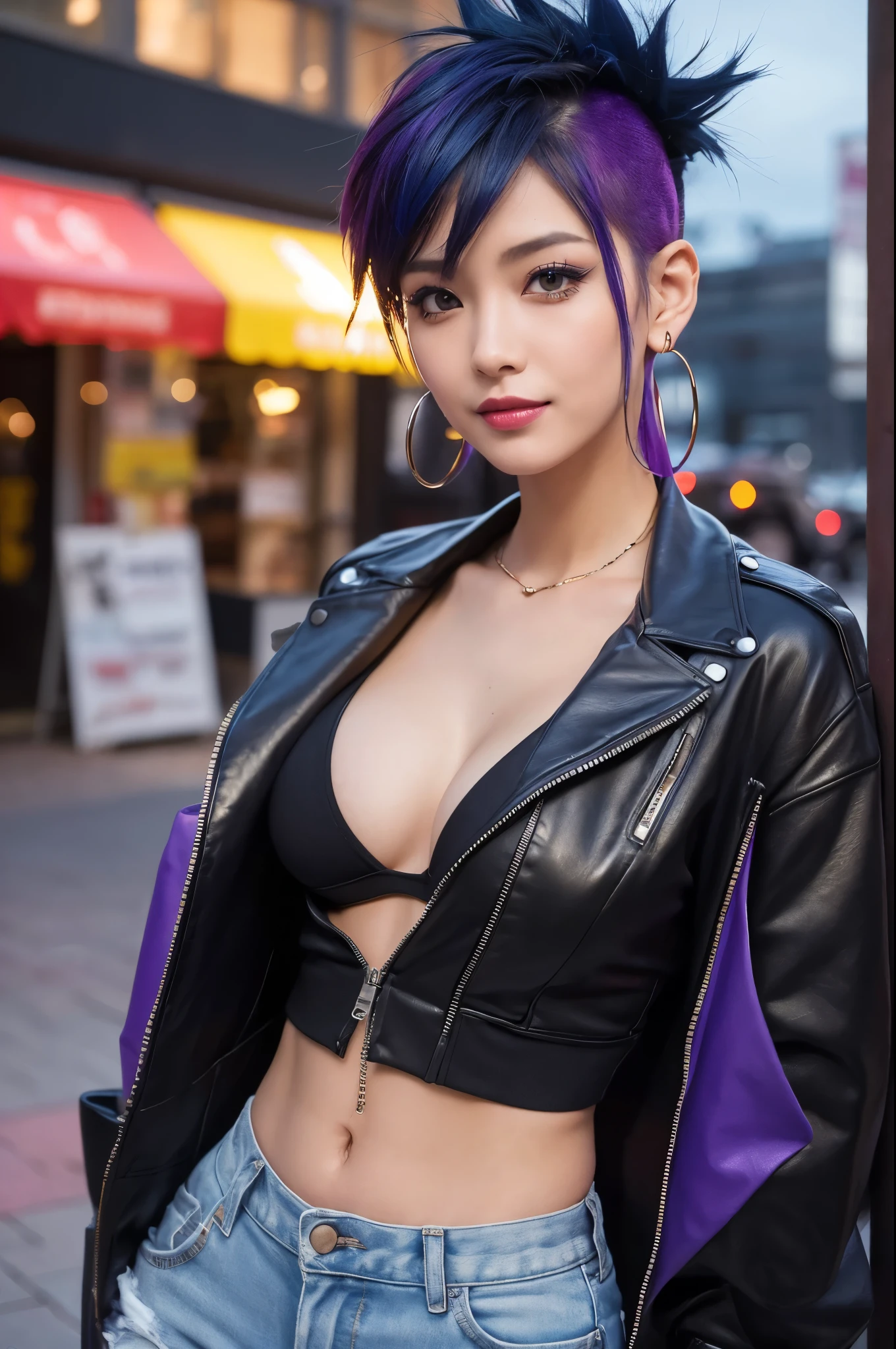 (8k,Masseter muscle area:1.2、Highest quality)、(Live Action、Intricate details)、(One person、solo、Upper body、Huge boobs) Cyberpunk black person costume、charm的 Avant-garde、Experimental Appearance: blue mohawk hair、Realistic Skin Dramatic makeup、: charm的,Sexy Costumes,Shorts,Counter、provocative Location: Urban Arts District、Laughter Hobbies of the underground music scene: Attend a punk show、Create mixed media art、Experiment with the values of different subcultures: personality、credibility、Inspiration for creative expression: Punk Rock Music、A symbol of counter culture、avant-garde art movements Personality traits: Boldness、Boldness、Unconventional。Beautiful expression charm (Realistic Skin) Ultra-high resolution Surreal Advanced Details Purple Earrings Split Avemar Paladin woman,Surrealな肌,A look of pleasure,Top View,Rich colors, Backlight, Cinema Lighting, Film Grain, 50mm lens, Nikon D850,Ultra-high resolution,Ultra-realistic,Compensate,Super sexy,Show large cleavage,Dynamic sexy pose,Big smile,Put your chest close,slouch,