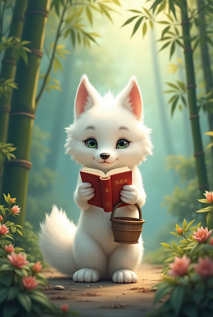 A white wolf,Realistic and cute,Standing wolf,Holding a bucket in the other hand,Holding a book in one hand,Reading seriously,background chinese style,forest