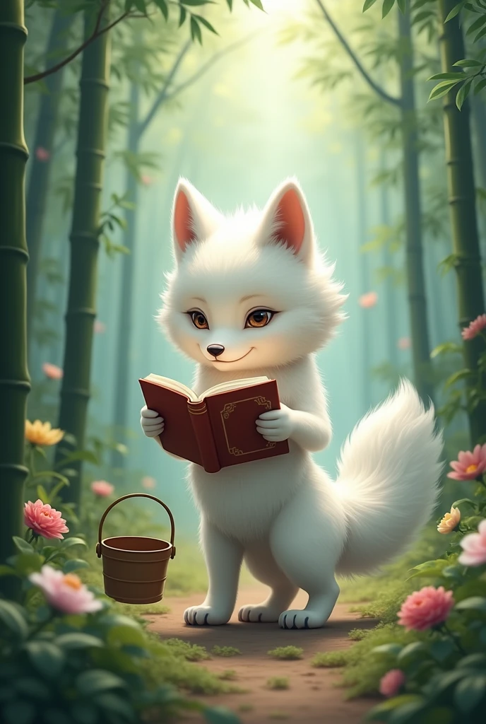 A white wolf,Realistic and cute,Standing wolf,Holding a bucket in the other hand,Holding a book in one hand,Reading seriously,background chinese style,forest