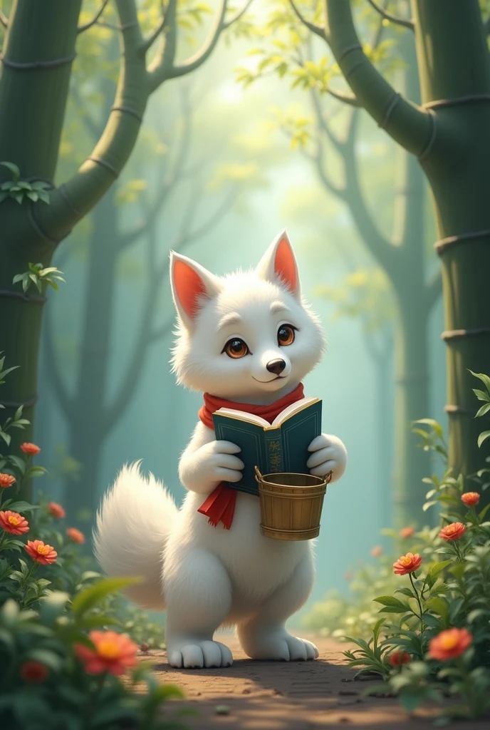 A white wolf,Realistic and cute,Standing wolf,Holding a bucket in the other hand,Holding a book in one hand,Reading seriously,background chinese style,forest