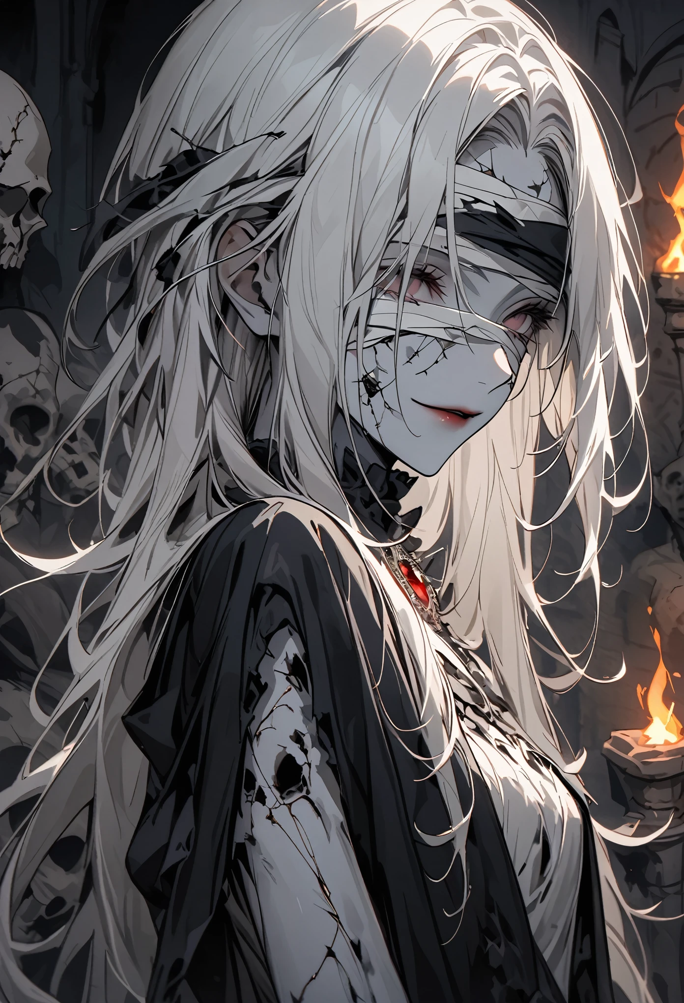 solo, female, grey skin, long white hair, silver hair brooch, dry body:1.2, bandage over both eyes, blindfolded, decaying body, gentle smile, face, pinup pose, elegant rotten gown, dressed in royal rags, graceful, close up, crypt, dark, worn clothes, thin hair, torch, ghoul girl, cracked skin, close up