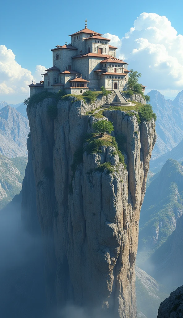 create a monastery on top of an extremely thin mountain. the picture is realistic, the day is clear, the picture is 8k, many details.