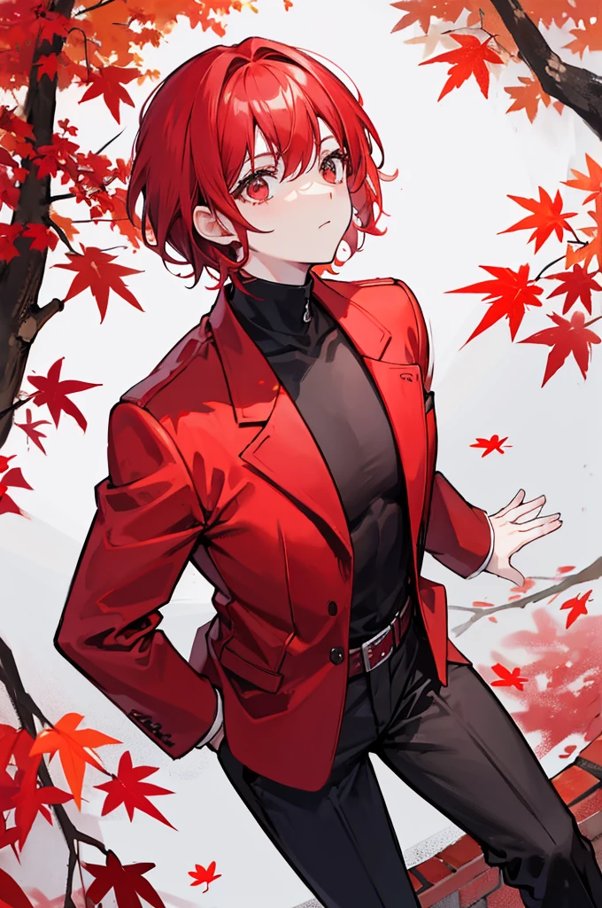 Looking up at the crimson maple tree、With red short hair、wearing a red suit jacket、Wearing a black turtleneck and black long pants、youth、man