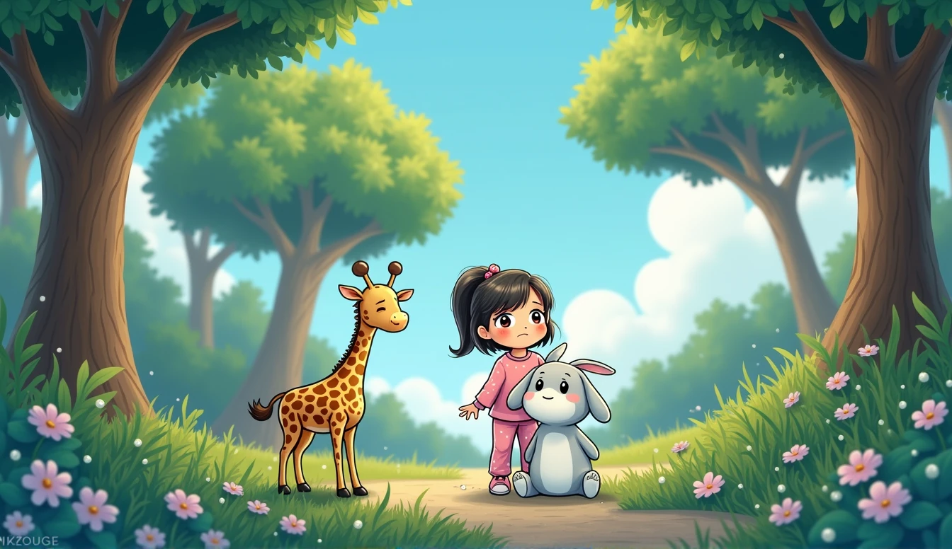 A sad cartoon bunny sits under a tree, next to it stands a plush giraffe toy and a little cartoon girl in pink pajamas