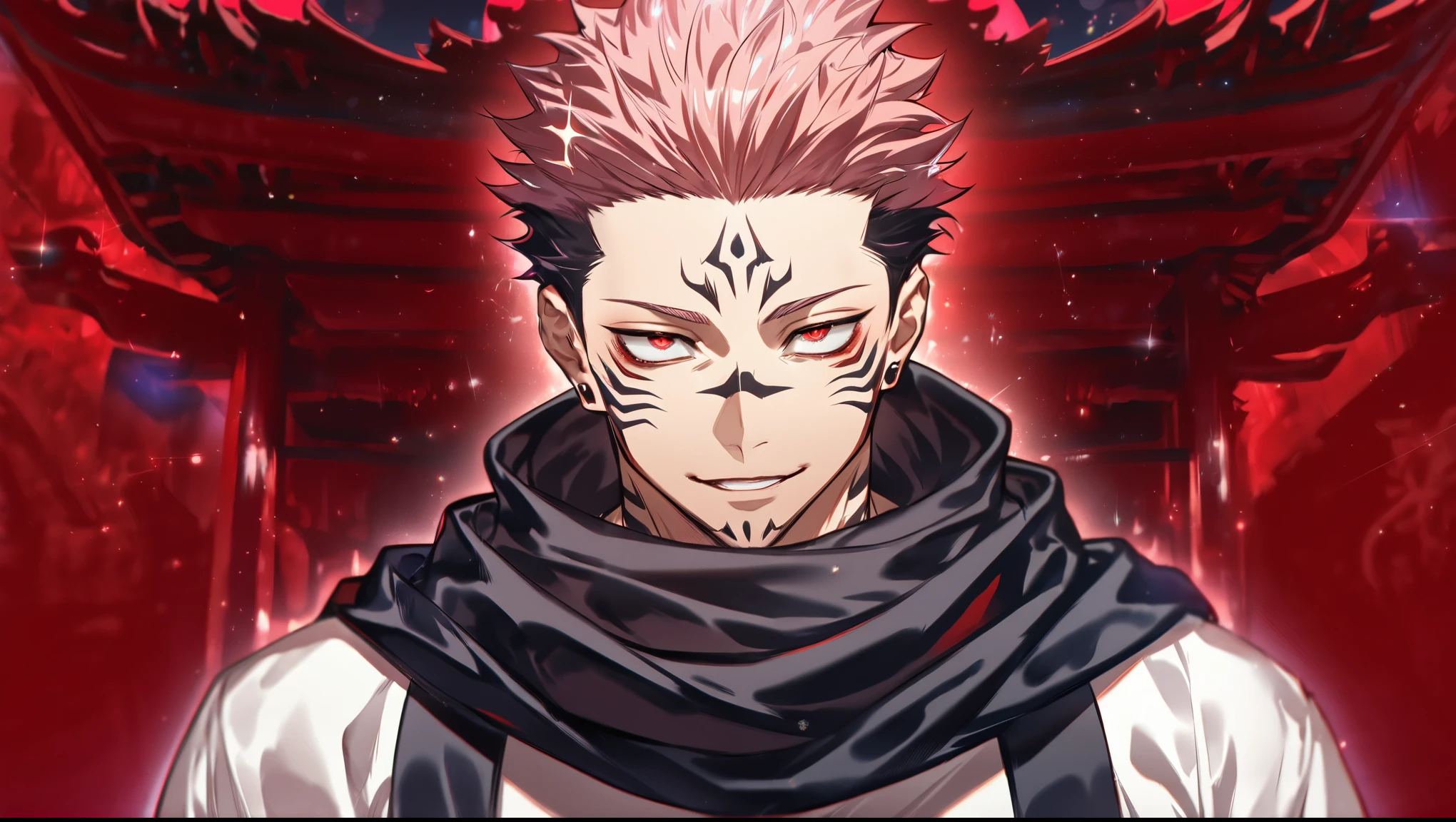 solo, Jujutsu Kaisen, Ryoumen Sukuna, handsome, manly, sexy man, expressive red eyes, pink hair, handsome smile, sadistic, black scarf, white kimono, fantasy, sparkling, red moon, red sparkling lights, demon temple background, UHD, masterpiece, best quality, highres, super detail, anatomically correct, accurate