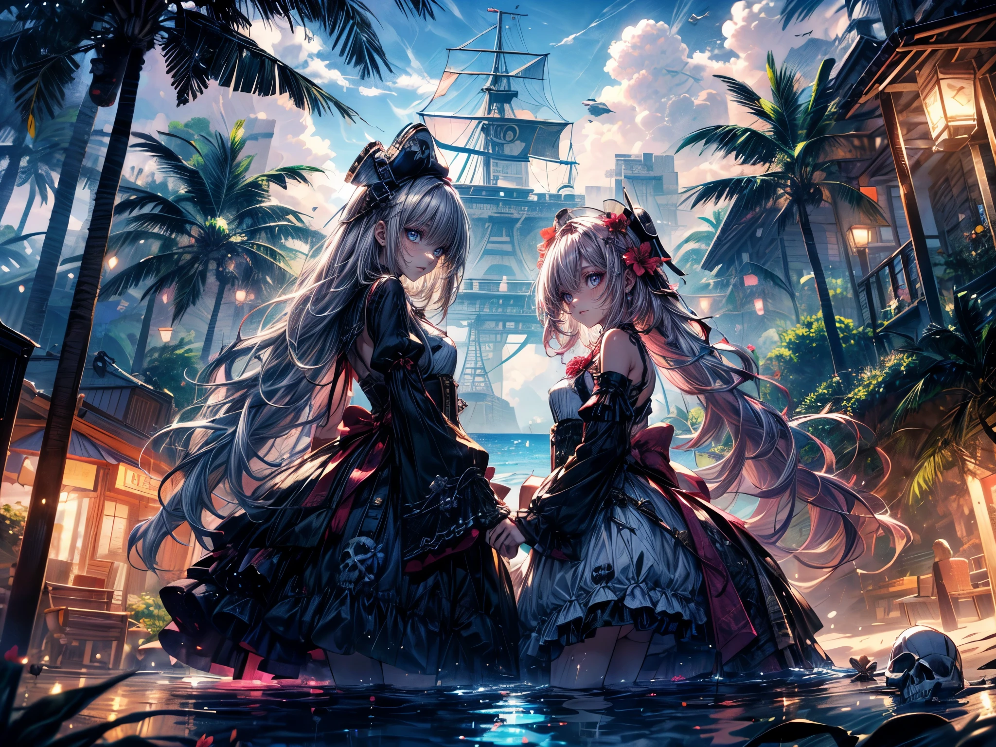 masterpiece,(bestquality),highlydetailed,ultra-detailed,2girls,(golden,glowingeyes:Blue,:1.2,elongatedears:0.8),(Lolita fashion beautiful girl:1.2),(Tropical Island、Sandy Beach)（Summer sky、White cloud:1.2）,(Hibiscus tree in bloom:1.2）（The pirate ship is docked.）(Swimming in the sea)（Pink hair and blonde hair:1.5）Character profile, (Pirate hat、Skull-marked pirate clothes)BREAK、Summer skyとWhite cloud(White Lolita outfit)(Open Sea、Sandy Beach:1.5)(Hibiscus flower🌺)