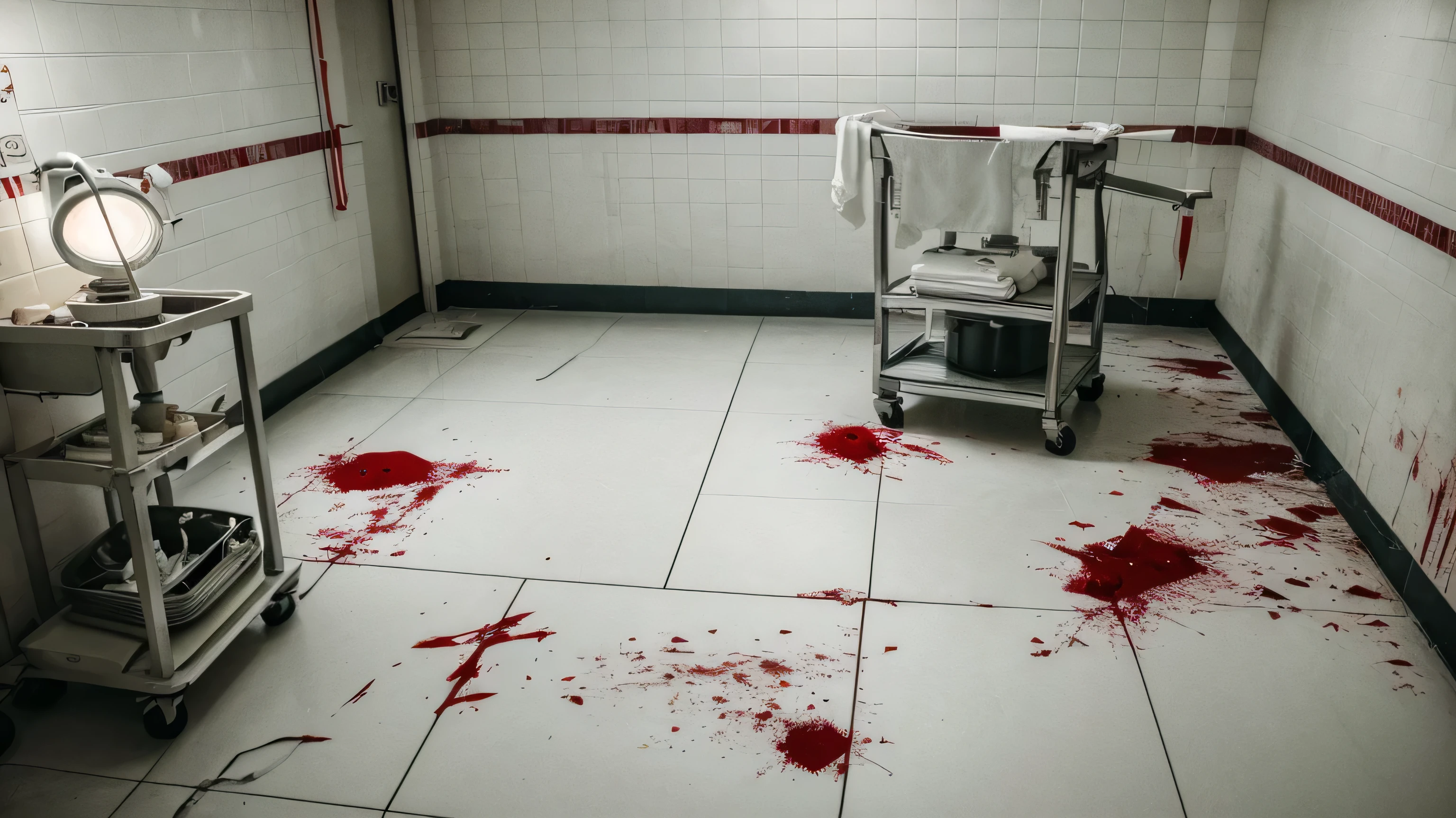 An image depicting a dark hospital room with a single flickering light .Pieces of glass are lying on the floor .Blood bathed apron is lying on the floor with a sthetoscope.Blood is all over the floor. On the white tiles of wall - it is written - "We want justice" (big size) , below it - " #RGkarMCH " and below it "RDMC BANDA" All of this is written with blood