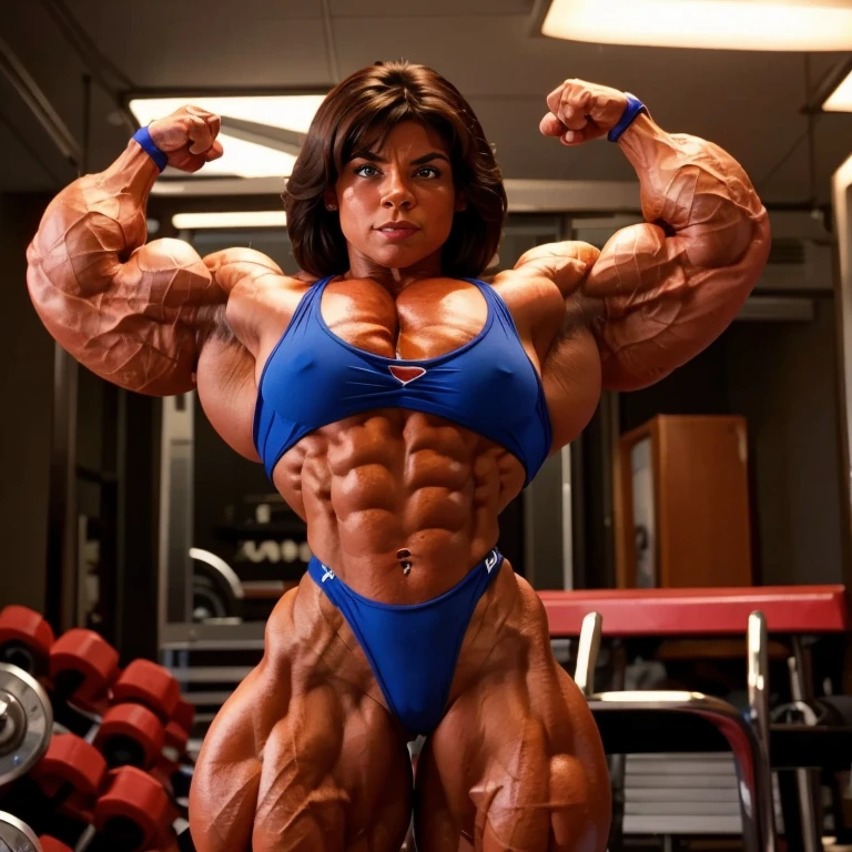 muscle woman with brunette hair flexing massive muscles, most muscular pose, girl with huge muscles in an 80s movie setting, muscle girl, 80s movie setting