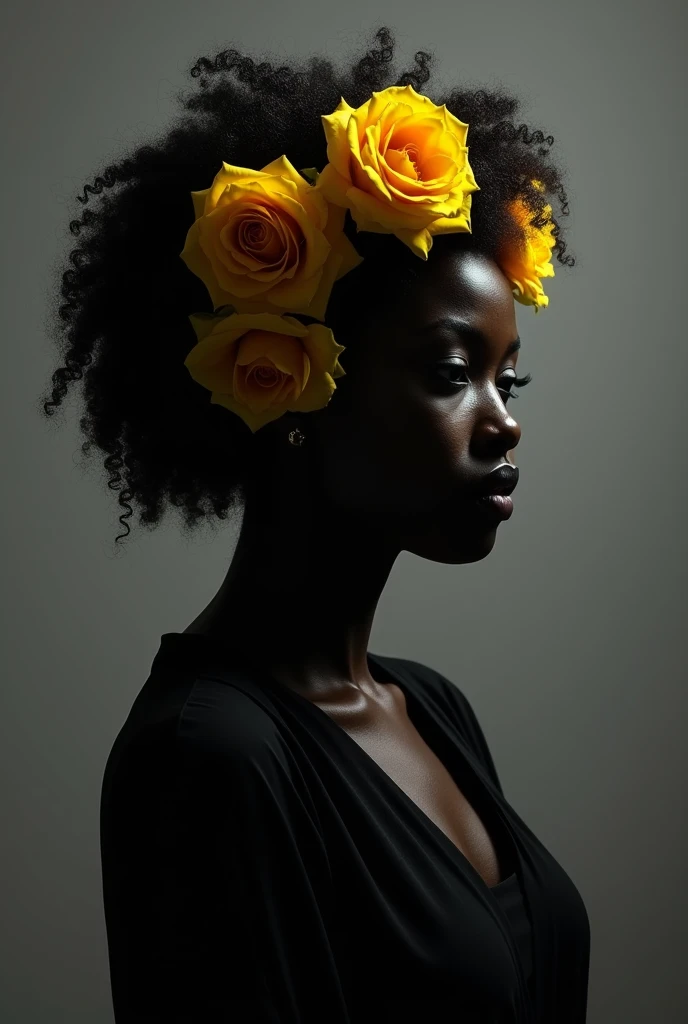 Silhouette of a Black woman's face, looking serious straight ahead with her curly hair and yellow roses in her hair, with drums around his face and the background is completely gray