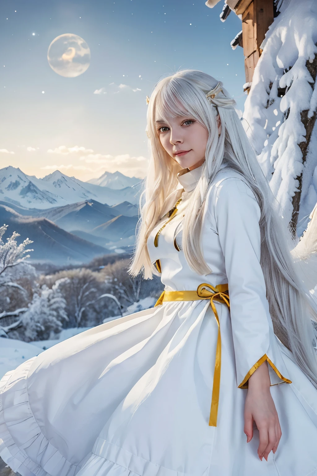 ((best quality))((Masterpiece))((Anime details))1 girl, Long white hair like moonlight, yellow eyes, Almost white skin, Cute and bright face, White dragon tail, Dragon Mountain, Winter clothes, long skirt