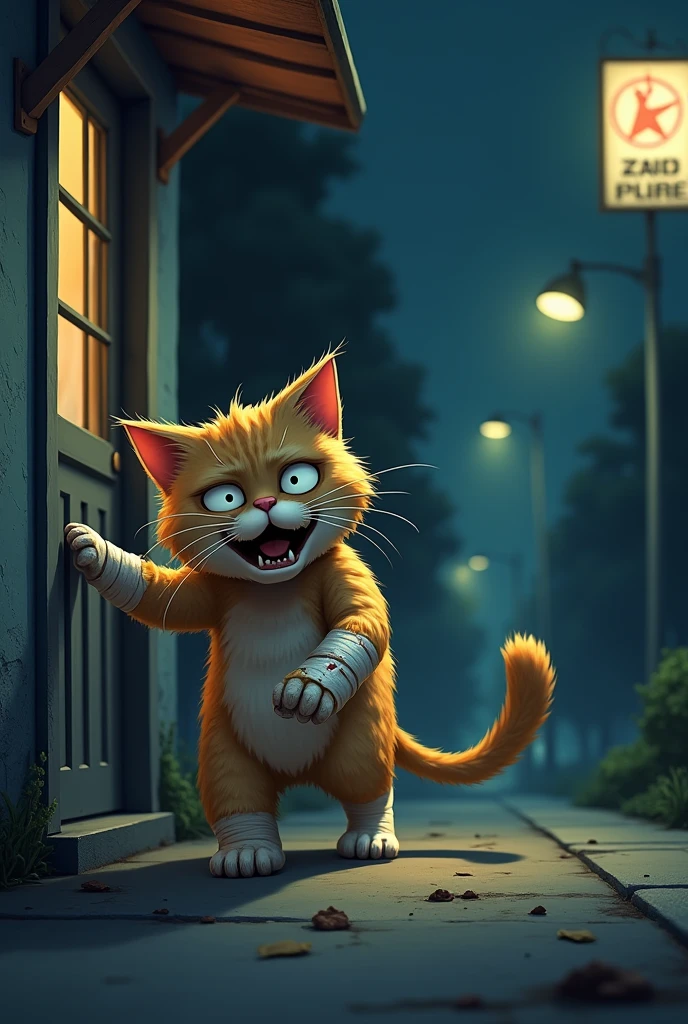 The cat struggles to reach the entrance of a small clinic, still with its injured paw wrapped in a cloth, and its body covered in some dirt. Its expression reveals helplessness and exhaustion, with a simple clinic sign and streetlights illuminating the night.