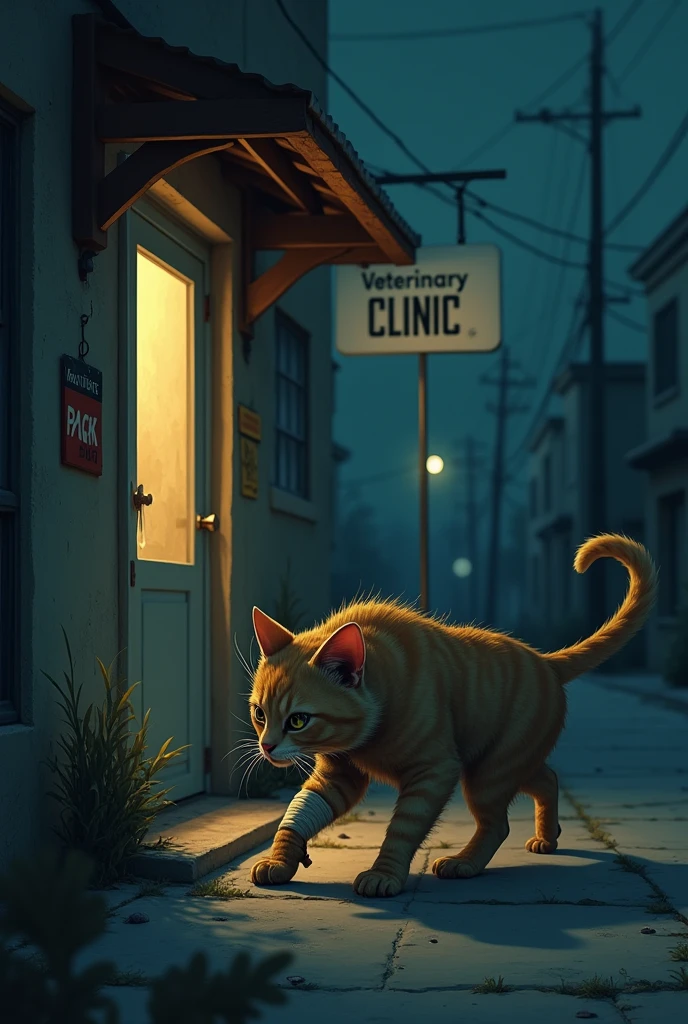 The cat struggles to reach the entrance of a small clinic, still with its injured paw wrapped in a cloth, and its body covered in some dirt. Its expression reveals helplessness and exhaustion, with a simple clinic sign and streetlights illuminating the night.