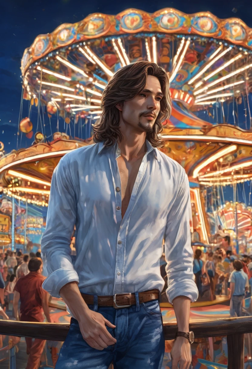 (good quality), (many details), (masterpiece), man (30 years), wild, handsome, brown shoulder-length hair, stray, charismatic, shirt (blue and white), jeans, at night, funfair