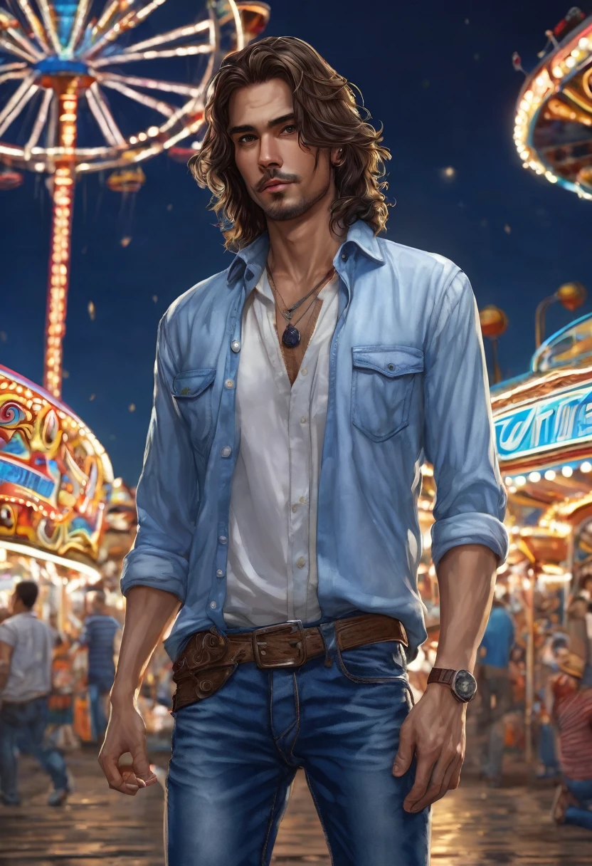 (good quality), (many details), (masterpiece), man (30 years), wild, handsome, brown shoulder-length hair, stray, charismatic, shirt (blue and white), jeans, at night, funfair