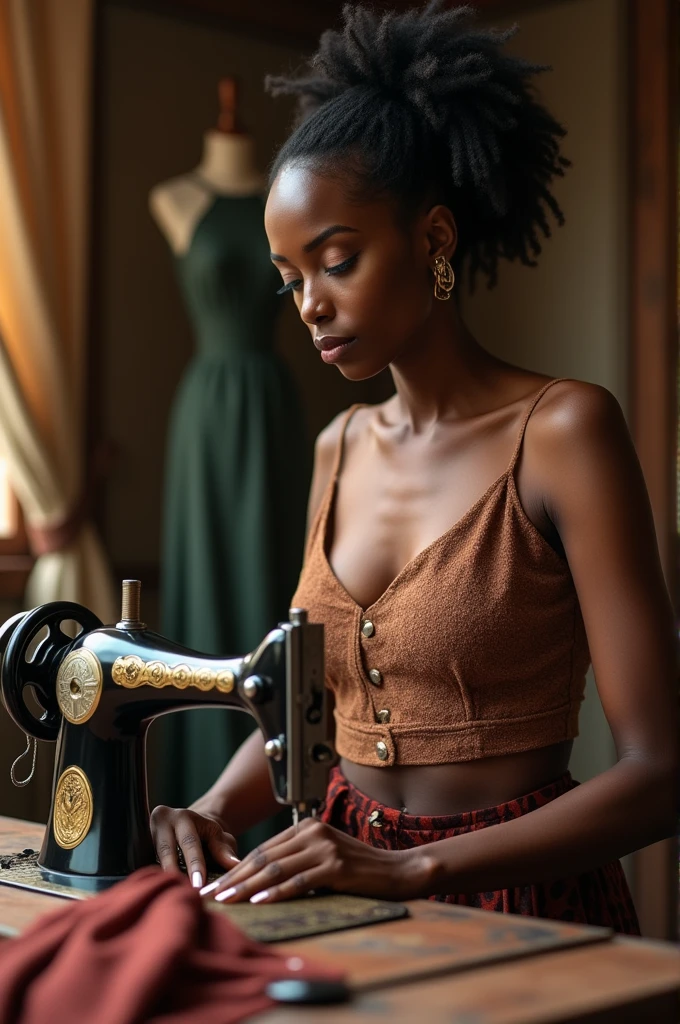 photo of a black woman, tall and seamstress