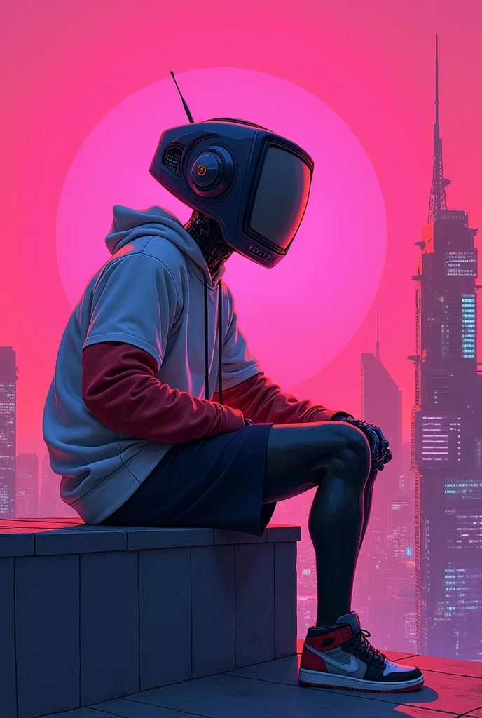 Creates a calm, dark portrait in a comic book style. The scene shows a humanoid robot, bathed in a saturated pink light, sitting on a roof of a futuristic city that can be seen in the background. His outfit is a white sweatshirt with red sleeves, black shorts, and Jordan-style sneakers. He is wearing a television helmet in a cave, his body is like that of a young man, painted purple, the background is dark and the buildings are futuristic with neon lights, alternating colors, oranges, reds, pinks, purples and blues. These colors intensify the environment, causing a feeling of tranquility. adding a subtle cyberpunk style and strong shading giving depth to the scene. The Angle is shown from the bottom up, giving a feeling of grandeur.