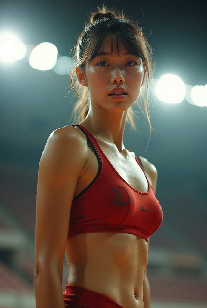 analog film photo, photo of a young pole vaulter, female, amber eyes, ponytail with shaggy bangs, tan complexion, Japanese ethnicity, beautiful face, natural beauty, sharp facial features, Amazonian stature, muscular hourglass figure, busty bosom, full wide hips, plump round buttocks, wearing an athletic top and spandex shorts, posing under stadium lights, sweaty skin, damp clothes, RAW Photograph, dslr, soft lighting, high quality, film grain, Fujifilm XT3, detailed skin with visible pores, insane details, masterpiece, 8k, 35mm photograph, dslr, kodachrome, faded film, desaturated, grainy, vintage, Lomography, stained, highly detailed, found footage