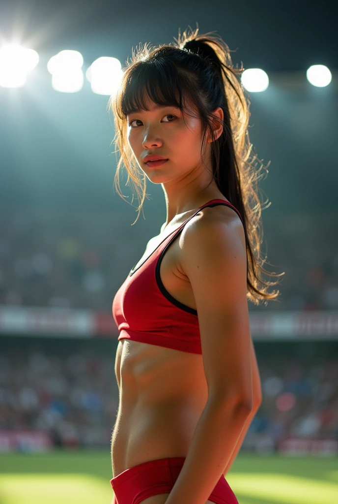 analog film photo, photo of a young pole vaulter, female, amber eyes, ponytail with shaggy bangs, tan complexion, Japanese ethnicity, beautiful face, natural beauty, sharp facial features, Amazonian stature, muscular hourglass figure, busty bosom, full wide hips, plump round buttocks, wearing an athletic top and spandex shorts, posing under stadium lights, sweaty skin, damp clothes, RAW Photograph, dslr, soft lighting, high quality, film grain, Fujifilm XT3, detailed skin with visible pores, insane details, masterpiece, 8k, 35mm photograph, dslr, kodachrome, faded film, desaturated, grainy, vintage, Lomography, stained, highly detailed, found footage