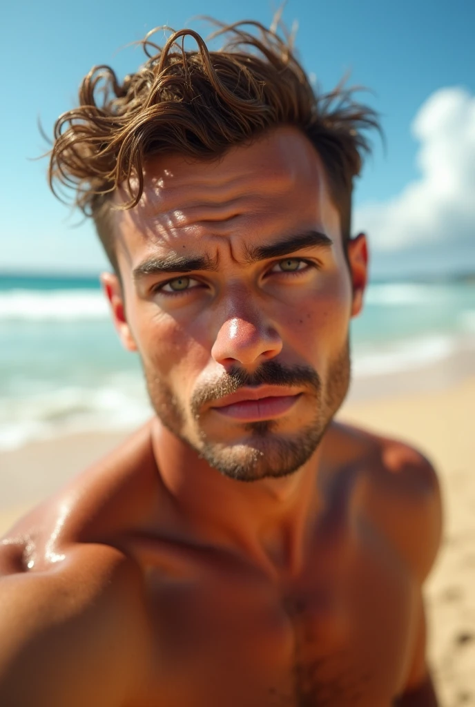 (photorealism:1.2), beautiful 30 years old man, Brown hair, fit, sweat, selfies, beach