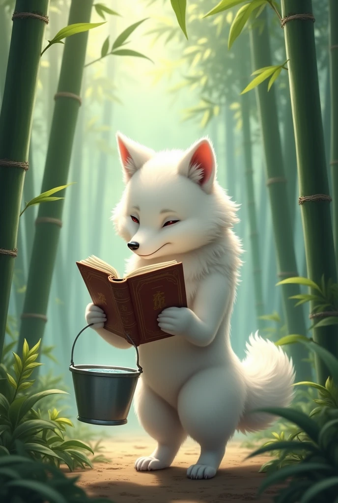 A white wolf,Realistic and cute,Standing wolf,Holding a bucket in the other hand,The bucket has water.,Holding a book in one hand,Reading seriously,background chinese style,forest