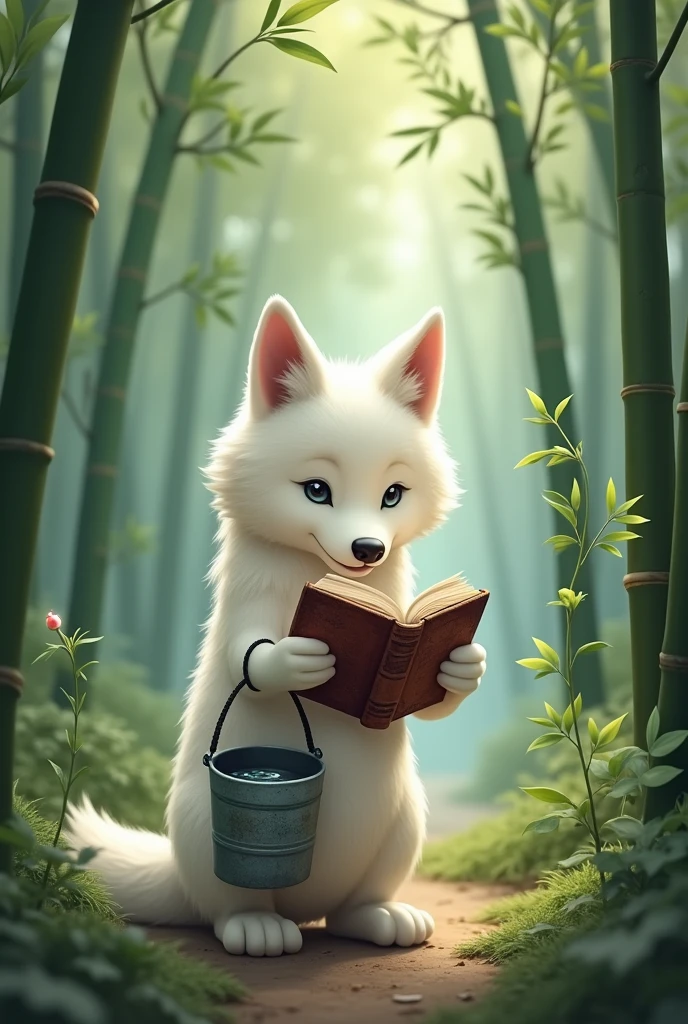 A white wolf,Realistic and cute,Standing wolf,Holding a bucket in the other hand,The bucket has water.,Holding a book in one hand,Reading seriously,background chinese style,forest