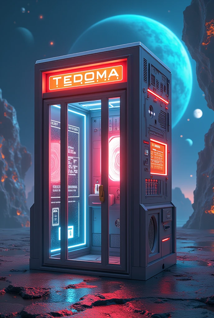 There is a phone booth with planets in the background, rendered in keyshot, location is inside, cabine cyberpunk, futuristic cabins, represented as a 3D rendering, 3D rendering beep, portal in space, police box, written TEDOMA, promotional rendering, sci-fi magic highly detailed, not beeple style, sci-fi vending machine,