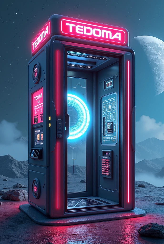 There is a phone booth with planets in the background, rendered in keyshot, location is inside, cabine cyberpunk, futuristic cabins, represented as a 3D rendering, 3D rendering beep, portal in space, police box, written TEDOMA, promotional rendering, sci-fi magic highly detailed, not beeple style, sci-fi vending machine,