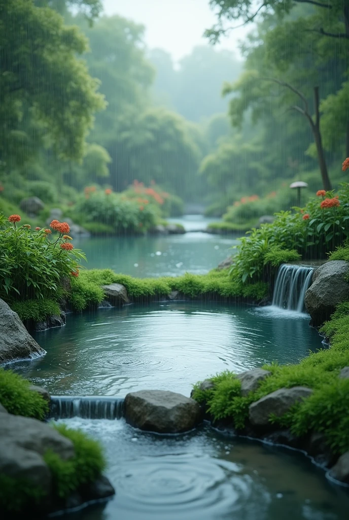 A very small round pond water very much overflowing because of rain (no cute no animal)