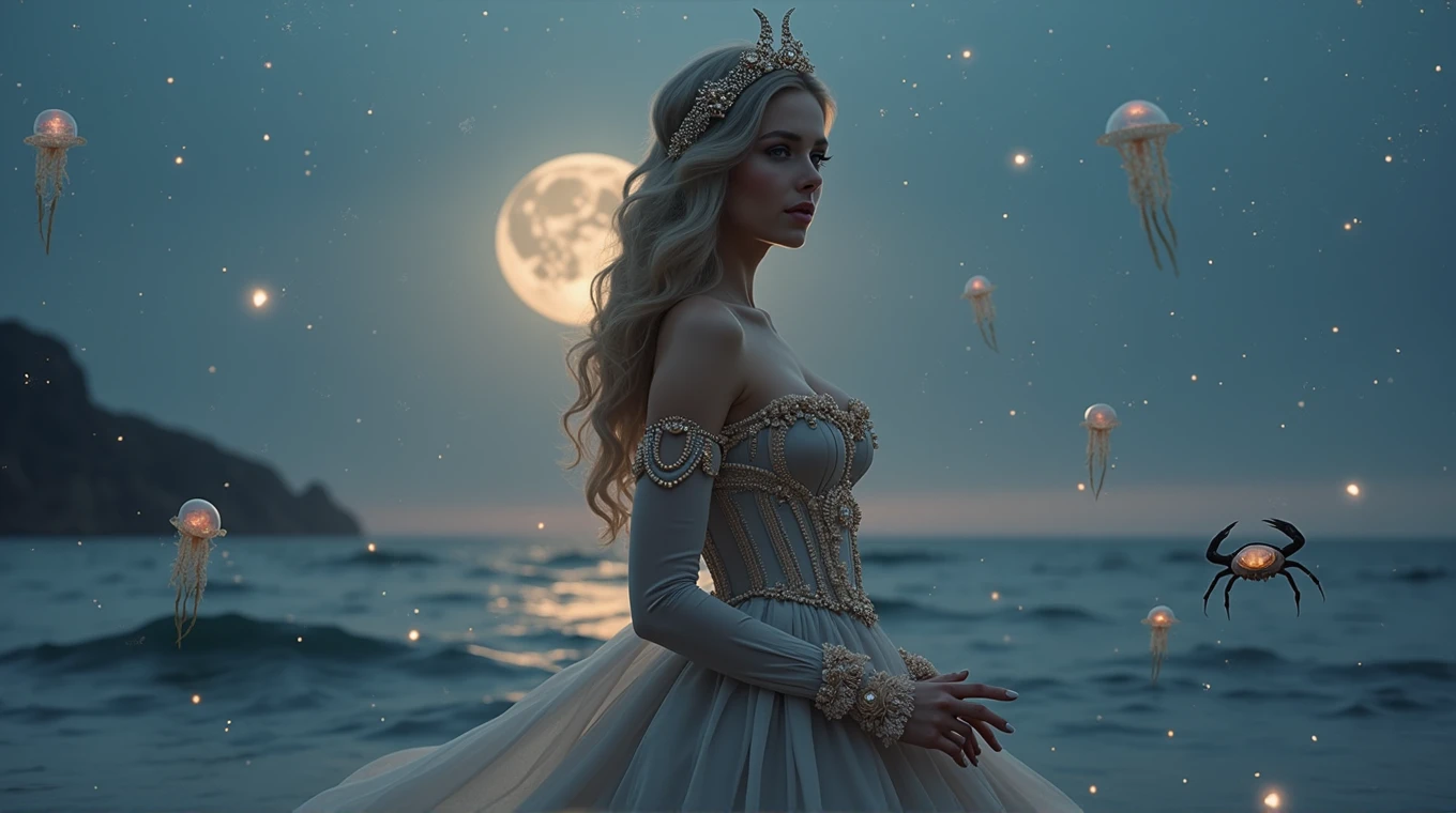 A hyperrealistic and deeply fantastical image of a woman who represents the zodiac sign of Cancer. Her hair, long and wavy, it is adorned with pearls and small seashells that reflect the moonlight. She wears a silver dress with a design reminiscent of the waves of the sea, with a corset decorated with details that imitate the claws of a crab, subtly intertwined with golden threads that shine like sand under the sun. Her makeup is mystical, with eyeshadow that recreates a nocturnal ocean, with sparkles of stars and lunar reflections, while her lips have a soft pearly sheen that evokes the reflected light in the water.

In your head, a crescent moon-shaped tiara made of crystals that change color according to the light, reinforcing the connection with the moon and tides. In your hands, transparent gloves decorated with seaweed and bubble motifs, that extend to her elbows.

The background is an ocean under the light of a bright full moon, with waves that seem to be suspended in time, shining with ethereal lights. Around the woman, small fantastic sea creatures float in the air, like jellyfish that emit a soft glow and crabs that walk on water, while the sky is full of shooting stars and constellations that form mystical patterns. The scene is enveloped in a luminous mist that connects the sky with the sea, creating a dreamlike and magical atmosphere. Everything in the image, from the colors to the composition, it is designed to capture the aquatic essence, emotional and protective of Cancer, while the fantasy effects make the scene spectacular and unique, as if it were the work of a photographer of magical worlds.