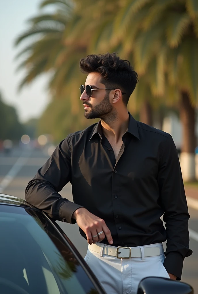 Create a smart and charming man (( the hair colour should be bright black)), (( Wear a black shirt )), and trousers in bright white)), a man is driving a Lamborghini and is standing next to a beautiful girl on the passenger side )), (( high-quality image))