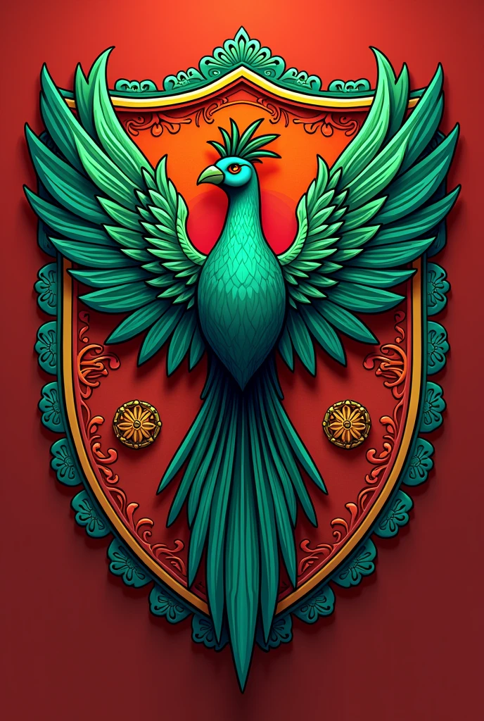 A shield with a Mexican theme with a quetzal as the protagonist, where there is only red color and green color details