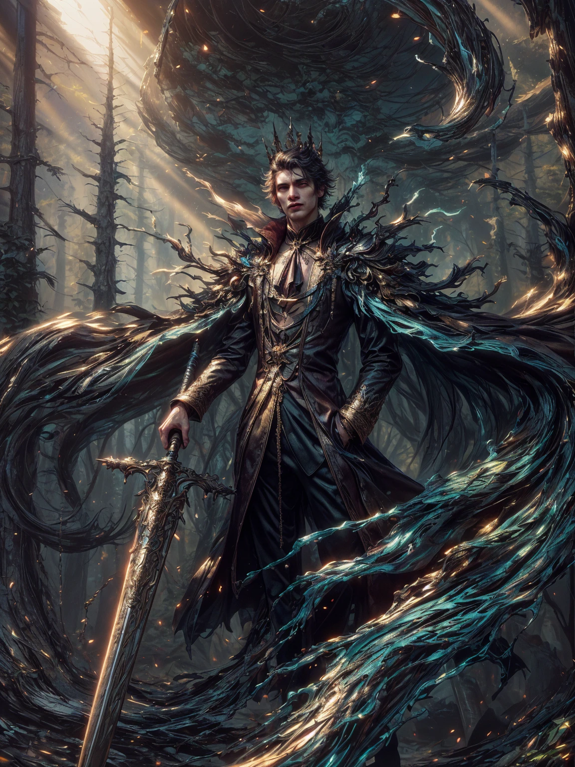 imagem de um vampiro masculino com uma espada em uma floresta, senhor vampiro, arte de estilo fantasia sombria, e Mumford Tom Bagshaw, uma ilustração de fantasia sinistra, governante do inferno, in style of arte de fantasia sombria, vampiro do clã lasombra, design de personagens de fantasia sombria, arte de fantasia sombria, lindo deus masculino da morte, arte de fantasia gótica. Extremely detaild, 8K, HDR, natural light, cinematic lighting, masterpiece-anatomy-perfect, Ultra HD, RAW photo, metallic, professional, ultra-fine painting, perfect body proportions, anatomically correct, uhd, real texture material, Anti-Aliasing, FKAA, TXAA, SSAO, Post Processing, Post Production, Tone Mapping, CGI, VFX, SFX, Hyper maximalist, Volumetric, ultra photorealultra-detailed intricate details.