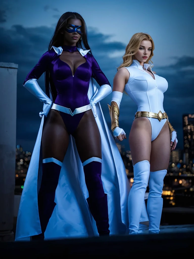 Two women in superhero costumes standing on a rooftop at night, Purple and white cloak, shrew, queen of ice and storm, Black and white tight robe!, Marvel and DC style, Trinity, full body white purple cloak, Dark blue and white robe, Full body photo of movie goddess, Hero pose colorful city lights, white and purple, spark, storm!