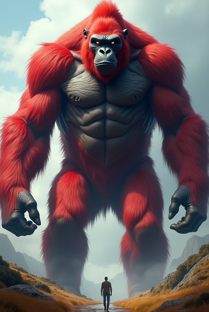 high resolution, best quality, giant monster, un énorme King Kong, bright eyes, corps entièrement rouge.