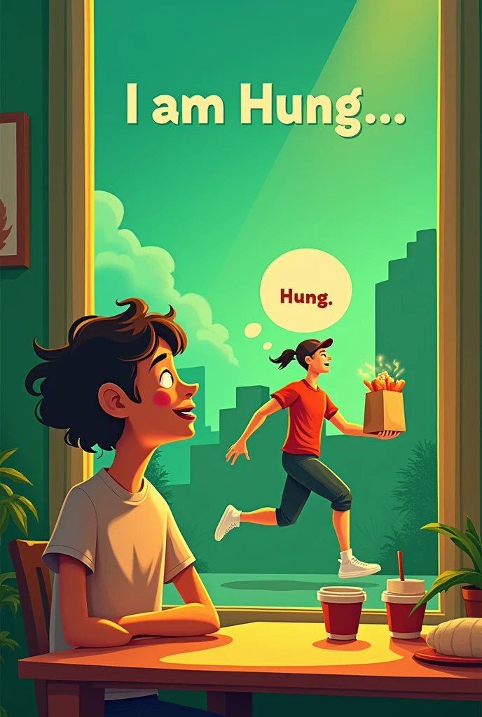 A hungry person sitting at a table, eyes closed, mouth watering, and saying "I'm hungry." In the background, a Swish delivery person is sprinting towards the person with a steaming food delivery bag. The person opens their eyes just as the delivery person arrives, revealing the food inside the bag.
Additional details:
Use vibrant, dynamic colors.
Create a sense of urgency and excitement.
The thoughts of the man should be prominently displayed.."I am Hung.."
The theme of the ad should be green
This text should be prominently displayed at the top of the image "your food arrives faster than you can feel hungry"