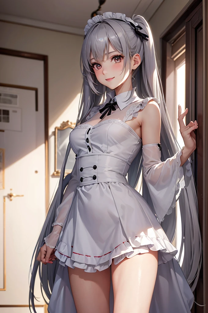 Best Quality,High resolution,8k,finelity detailed background,Masterpiece:1.2),beautiful girl,Glossy romance gray hair,twin tail,Gray eyes,Gentle look,A refreshing look,smile,Best quality,Best Quality,Aesthetic and aesthetic:1.2,Best details((Super detailed))(High-definition CG illustrations),maid uniform,Slender body,Inside the room,smile,blush,cute,Scrounge,Looking up,Being spoiled,super model