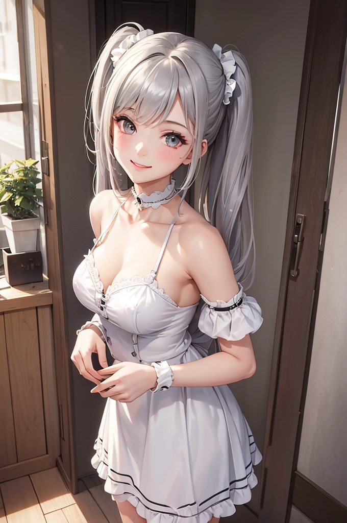 Best Quality,High resolution,8k,finelity detailed background,Masterpiece:1.2),beautiful girl,Glossy romance gray hair,twin tail,Gray eyes,Gentle look,A refreshing look,smile,Best quality,Best Quality,Aesthetic and aesthetic:1.2,Best details((Super detailed))(High-definition CG illustrations),maid uniform,Slender body,Inside the room,smile,blush,cute,Scrounge,Looking up,Being spoiled,super model