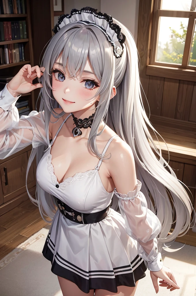 Best Quality,High resolution,8k,finelity detailed background,Masterpiece:1.2),beautiful girl,Glossy romance gray hair,messy hair,Gray eyes,Gentle look,A refreshing look,smile,Best quality,Best Quality,Aesthetic and aesthetic:1.2,Best details((Super detailed))(High-definition CG illustrations),maid uniform,Slender body,Inside the room,smile,blush,cute,Scrounge,Looking up,Being spoiled,super model