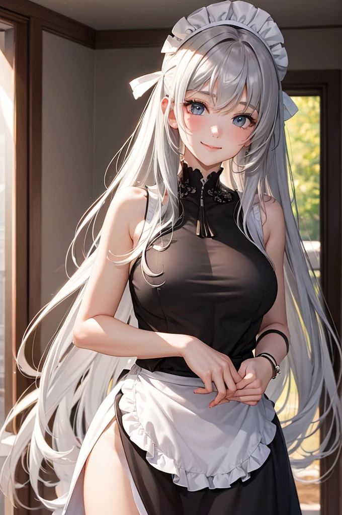 Best Quality,High resolution,8k,finelity detailed background,Masterpiece:1.2),beautiful girl,Glossy romance gray hair,messy hair,Gray eyes,Gentle look,A refreshing look,smile,Best quality,Best Quality,Aesthetic and aesthetic:1.2,Best details((Super detailed))(High-definition CG illustrations),maid uniform,Slender body,Inside the room,smile,blush,cute,Scrounge,Looking up,Being spoiled,super model