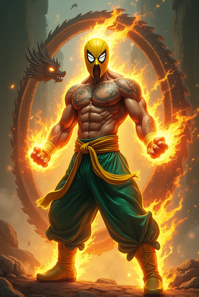 1man, shirtless, martial arts, yellow full mask, mouth cut out, white eye patterns with black outline, muscular, green costume, yellow belt and boots, burning fists, black dragon tatto shapes into a circle, dragon aura, mystical