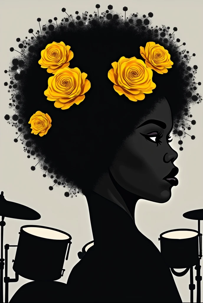 silhouette drawing of a black woman's face, looking serious straight ahead with her curly hair and yellow roses in her hair, with drums around his face and the background is completely gray