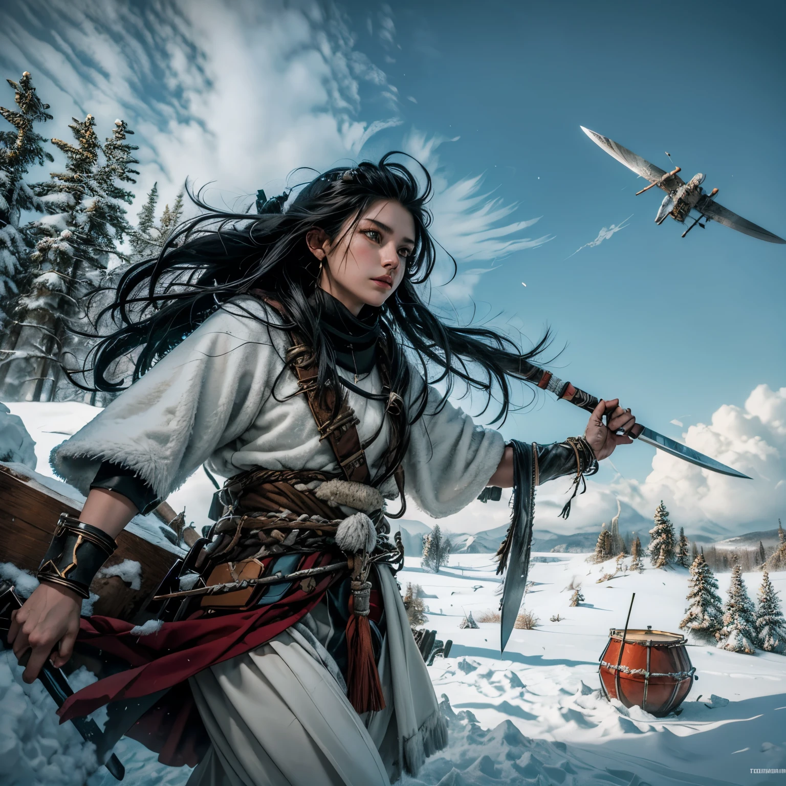 a shaman girl in traditional attire with a knife and drum on the snow, a black eagle soars in the sky, battle with spirits, winter, Epic, fantasy, masterpiece, a high resolution, в стиле современных художников fantasy