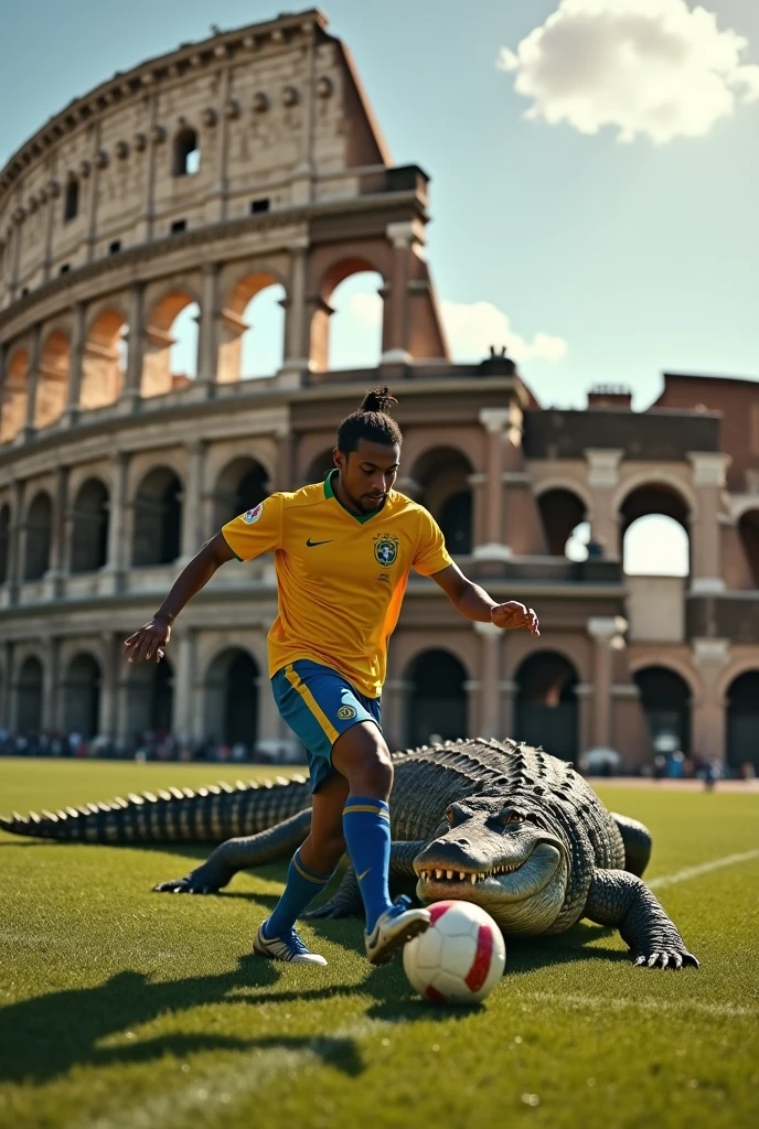 Ronaldinho playing soccer with an alligator in the Coliseum