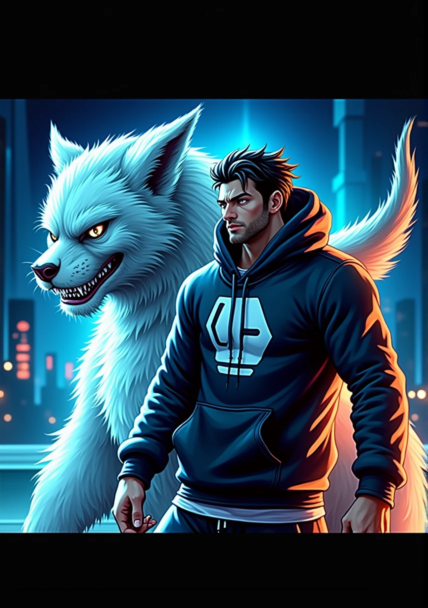 ((highest quality, masterpiece, 4k, finely detailed, detailed eyes, detailed face, gelbooru, pixiv)), warm lighting, ((solo)), 1 male, handsome, masculine, adult male, broad shoulders, closeup of face, ((black chin hair)), portrait, slight blush on cheeks, smiling, looking at viewer, ((lazy eyes, half-lidded, eyebags under eyes, black eyes with white pupils)), wearing modern clothing, hoodie with a logo, sweatpants, standing, hands in pockets, ((black hair, medium length hair, shaggy hairstyle, messy hair)), city background