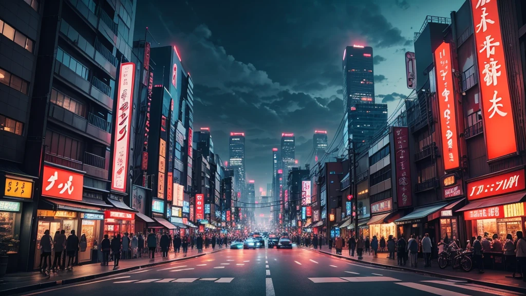 Anime-style background of Tokyo cityscape at night, The scene captures the vibrant energy of Tokyo with its towering skyscrapers adorned with neon signs and billboards, Streets are bustling with people and cars, reflecting the city's lively atmosphere, Traditional Japanese elements like a torii gate or cherry blossoms in the foreground add a touch of cultural authenticity, The sky is dark with scattered clouds, and the city's lights create a beautiful contrast, illuminating the scene, The overall mood should be dynamic and slightly futuristic, with a blend of modern urban life and traditional Japanese charm