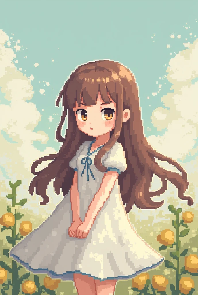 - Girl
- Brown long hair with bangs
- In the pixel style of Fields of Mistiria