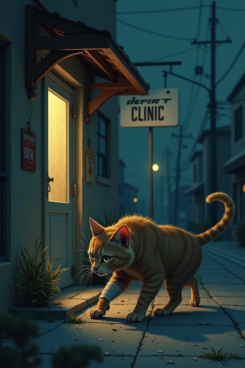 The cat struggles to reach the entrance of a small clinic, still with its injured paw wrapped in a cloth, and its body covered in some dirt. Its expression reveals helplessness and exhaustion, with a simple clinic sign and streetlights illuminating the night.