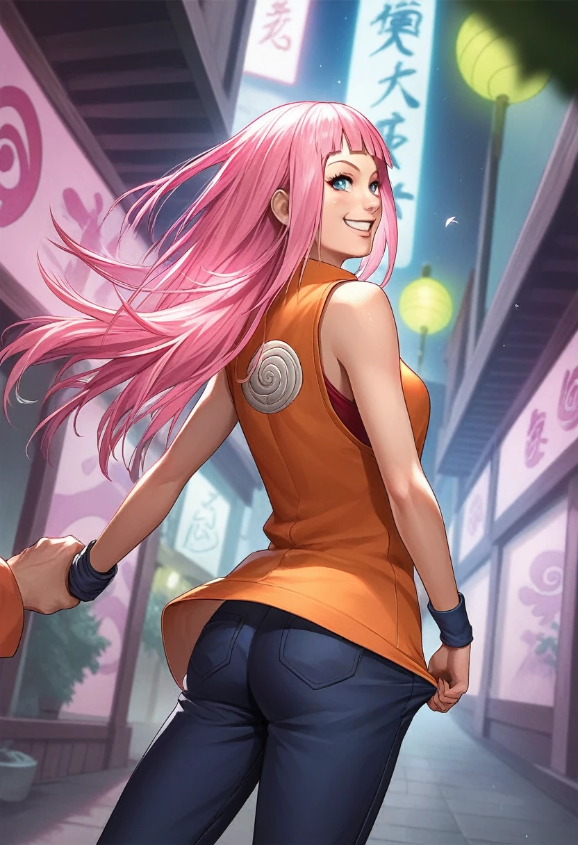 score_9, score_8_up, score_7_up,1girl,rating_safe,source_naruto,Sakura, pink hair, (seen from behind:1.2) , pulling down the edge of her pants with her hand, smiling mischievously,vibrant colors, faceless,mouth only visible