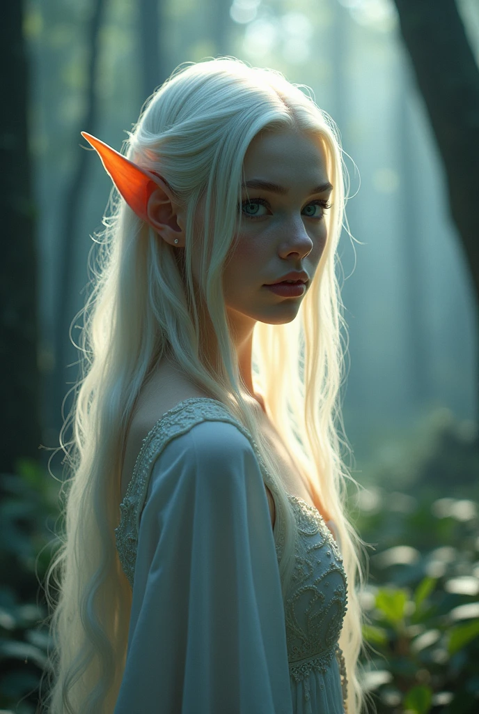 A radiant, full-bodied elf princess named Liora finds herself lost in the heart of a mystical forest.., where ancient trees whisper secrets and shadows play under the silver glow of the moon. while she wanders, The melodies of invisible creatures guide her to the enchanting Moonwater Lake., Its depths contain reflections of forgotten tales. With an ethereal grace, Liora navigates the mysterious kingdom, Finding enigmatic beings and unraveling the threads of a destiny woven in the magical fabric of Tolkienian tradition.. The mystical embrace of the forest and the secrets within the lake reveal a journey that reflects the timeless spirit of the elves' beauty and courage.., Nikon Z8 + NIKKOR Z 24-120 mm f/4 s, perfect face, long straight light blonde-white hair, detailed face, 8k, ultra high resolution.photorealistic, HD, masterpiece, raw, innocent, Pure, Pale skin, gray blue eyes, luz magica, bright light, Foggy