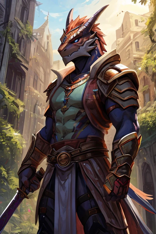 A Red-scaled Dragonborn, wearing a mercenary's clothes, with a large sword on his back, in a completely destroyed scenario with the sunlight centralizing him standing and with a serious face